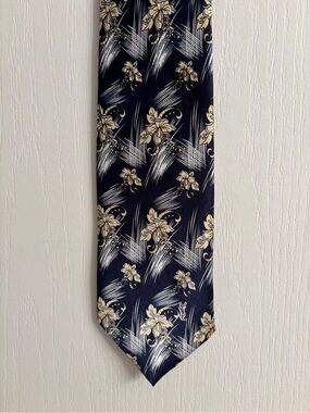Yves Saint Laurent Navy Silk Tie with Cream Floral Motif